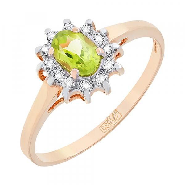 Золотое кольцо с хризолитом и фианитом № 9094