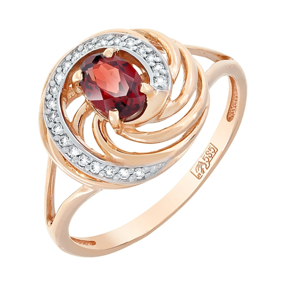 Золотое кольцо с гранатом и фианитом № 118931