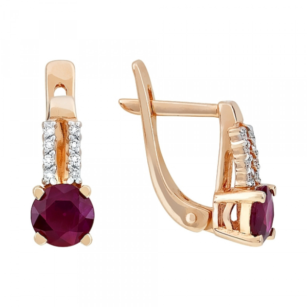 Золотые серьги с бриллиантом и рубином № 115663
