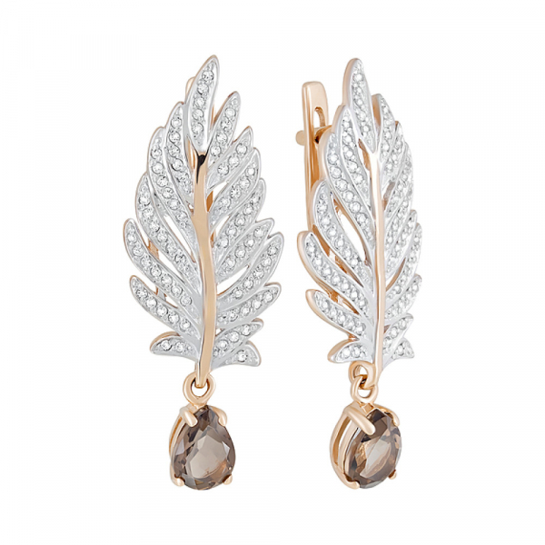 Золотые серьги с раухтопазом и фианитом № 124536