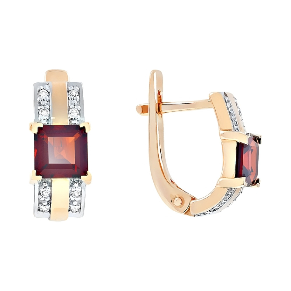 Золотые серьги с гранатом и фианитом № 85042