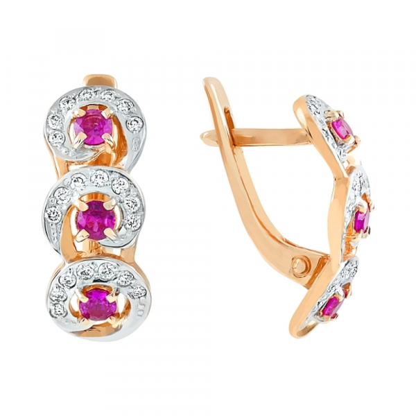 Золотые серьги с бриллиантом и рубином № 97648