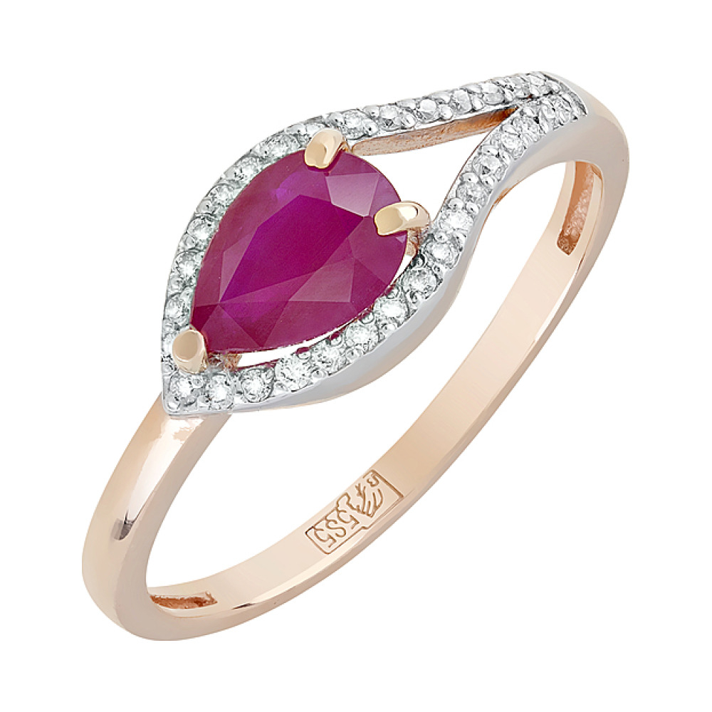 Золотое кольцо с бриллиантом и рубином № 120845