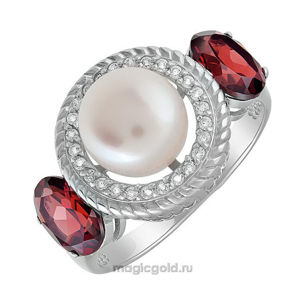 Серебряное кольцо с гранатом жемчугом и фианитом № 135334