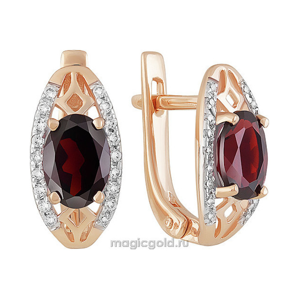 Золотые серьги с гранатом и фианитом № 158952