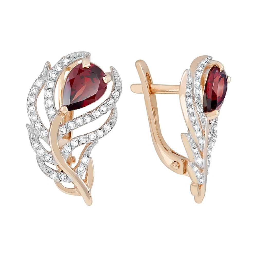 Золотые серьги с гранатом и фианитом № 117483