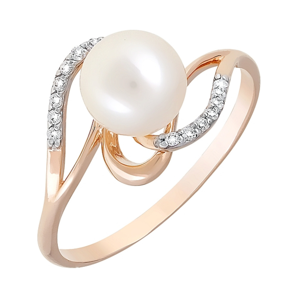 Золотое кольцо с жемчугом и фианитом № 120745