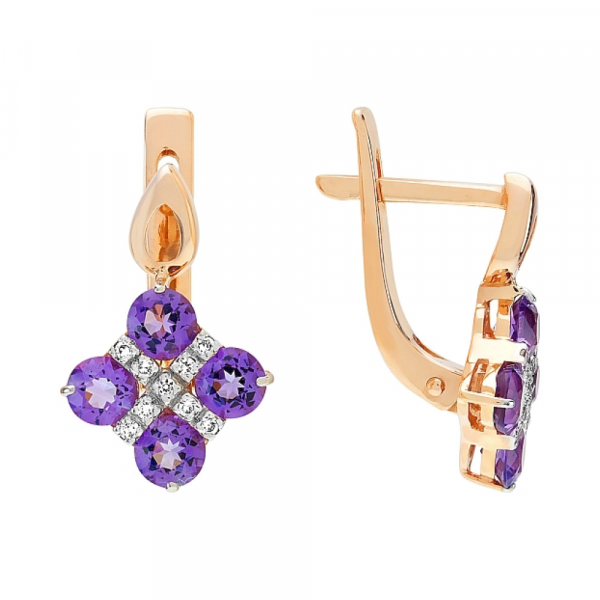 Золотые серьги с аметистом и фианитом № 106426