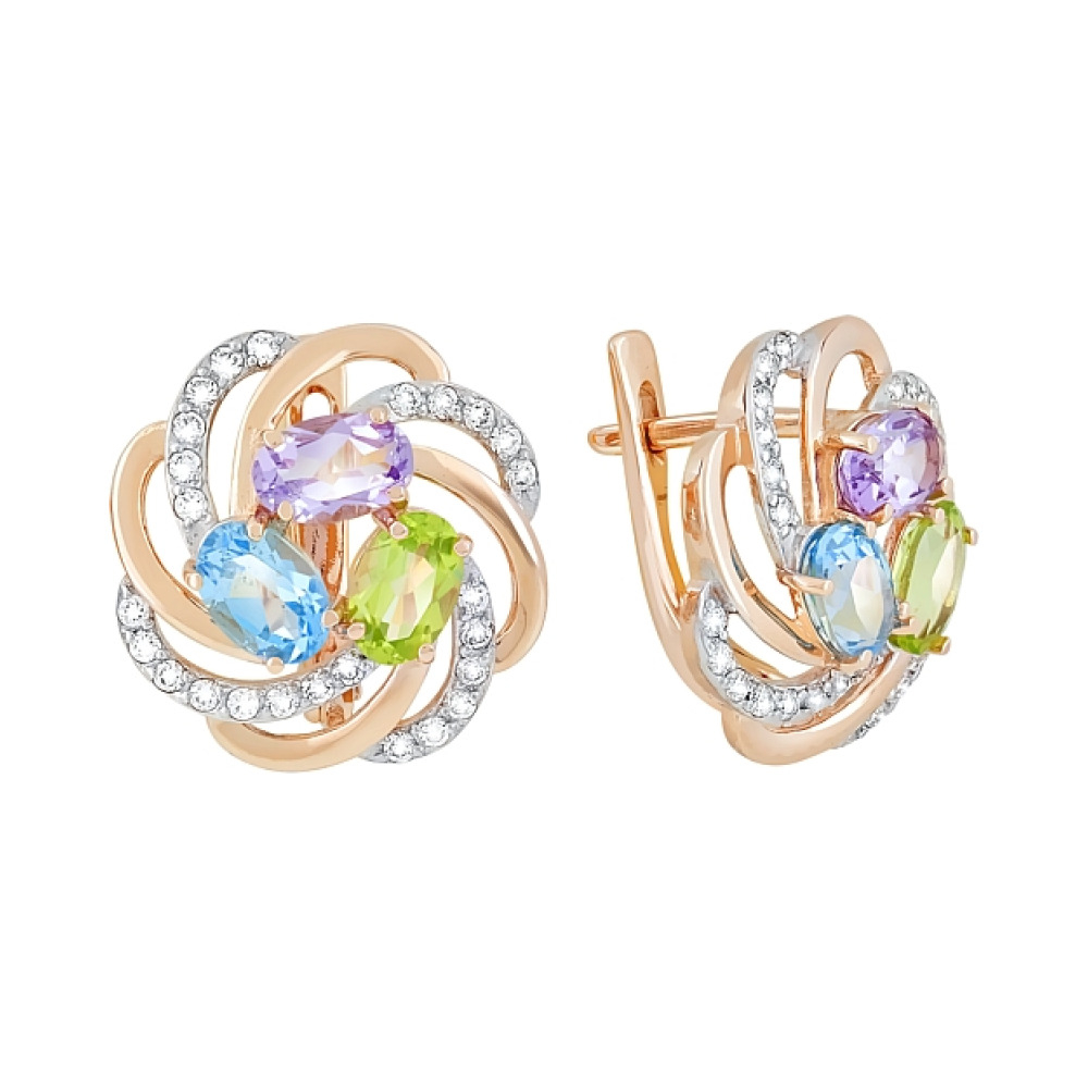 Золотые серьги с полудрагоценными  вставками и фианитом № 118032