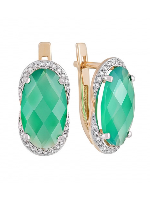 Золотые серьги с зелёным ониксом и фианитом № 131834