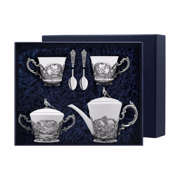 Набор Королевская охота: ложка, чашка, чайник, сахарница из серебра 925 пробы