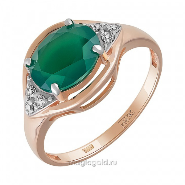 Золотое кольцо с зелёным ониксом и фианитом № 133011