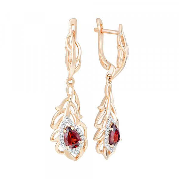 Золотые серьги с гранатом и фианитом № 121116