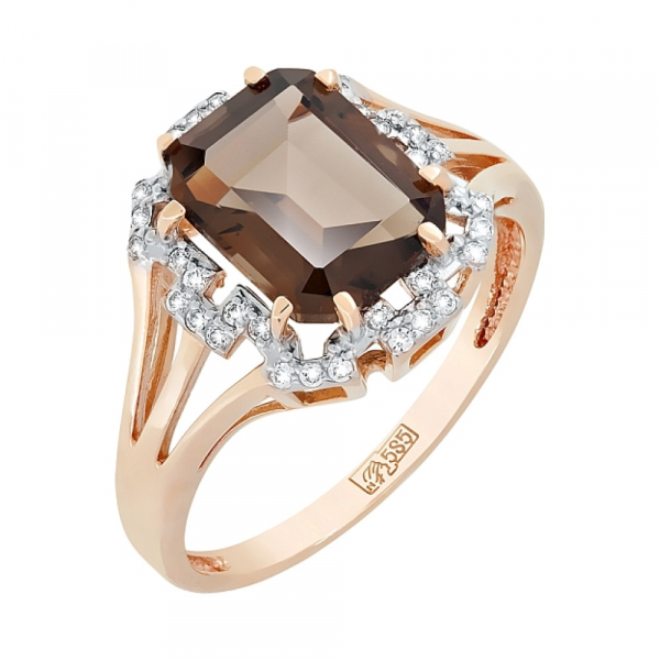 Золотое кольцо с раухтопазом и фианитом № 118601