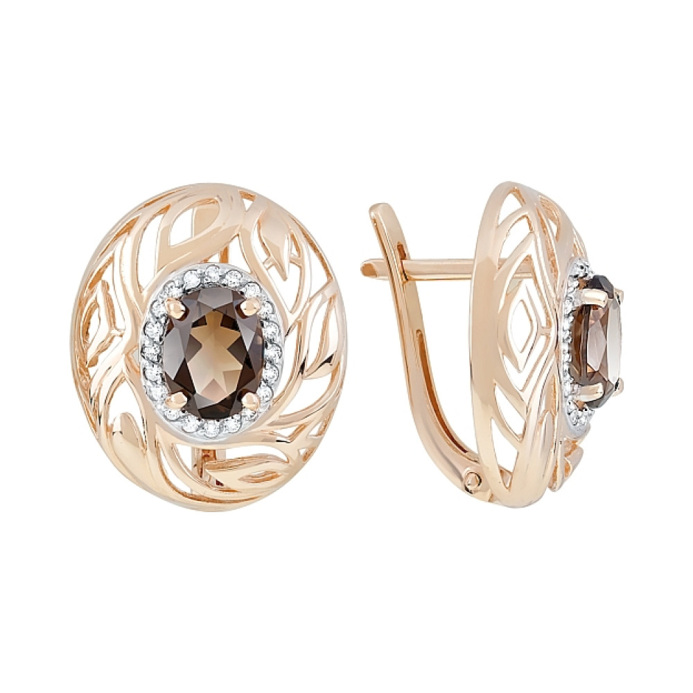 Золотые серьги с раухтопазом и фианитом № 119996