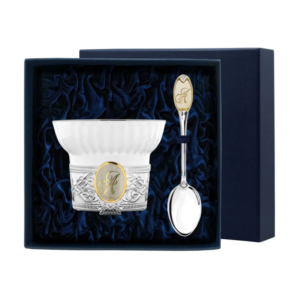 Набор чайная чашка с логотипом А : ложка, чашка из серебра 925 пробы