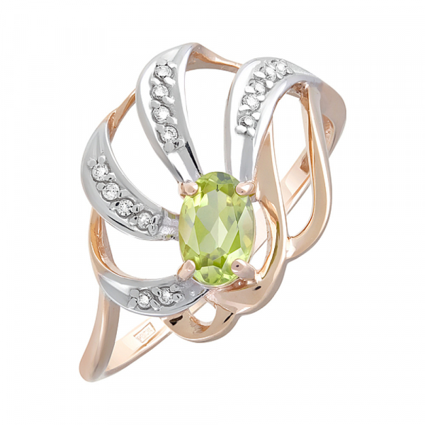 Золотое кольцо с хризолитом и фианитом № 126578