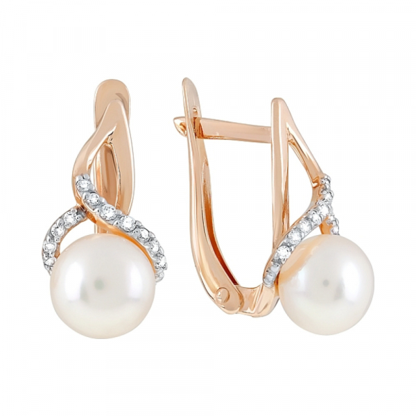 Золотые серьги с жемчугом и фианитом № 120736