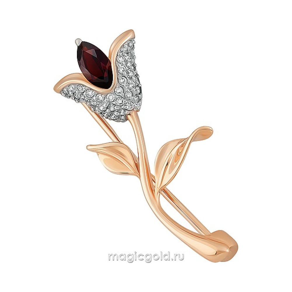 Золотая брошь с гранатом и фианитом № 164295