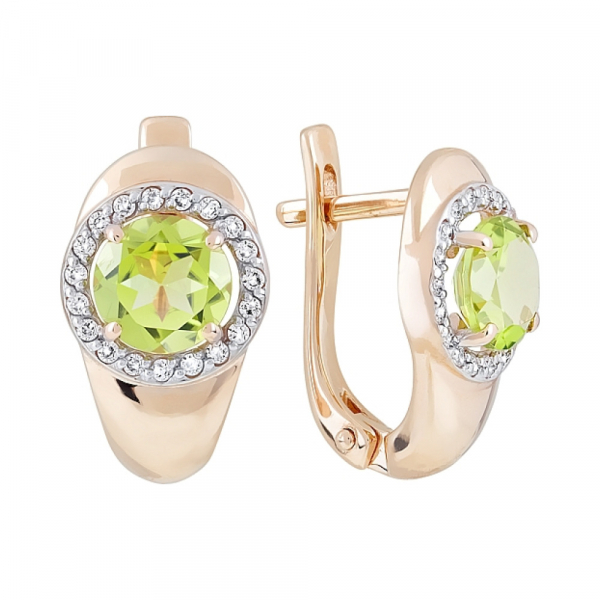 Золотые серьги с хризолитом и фианитом № 120232