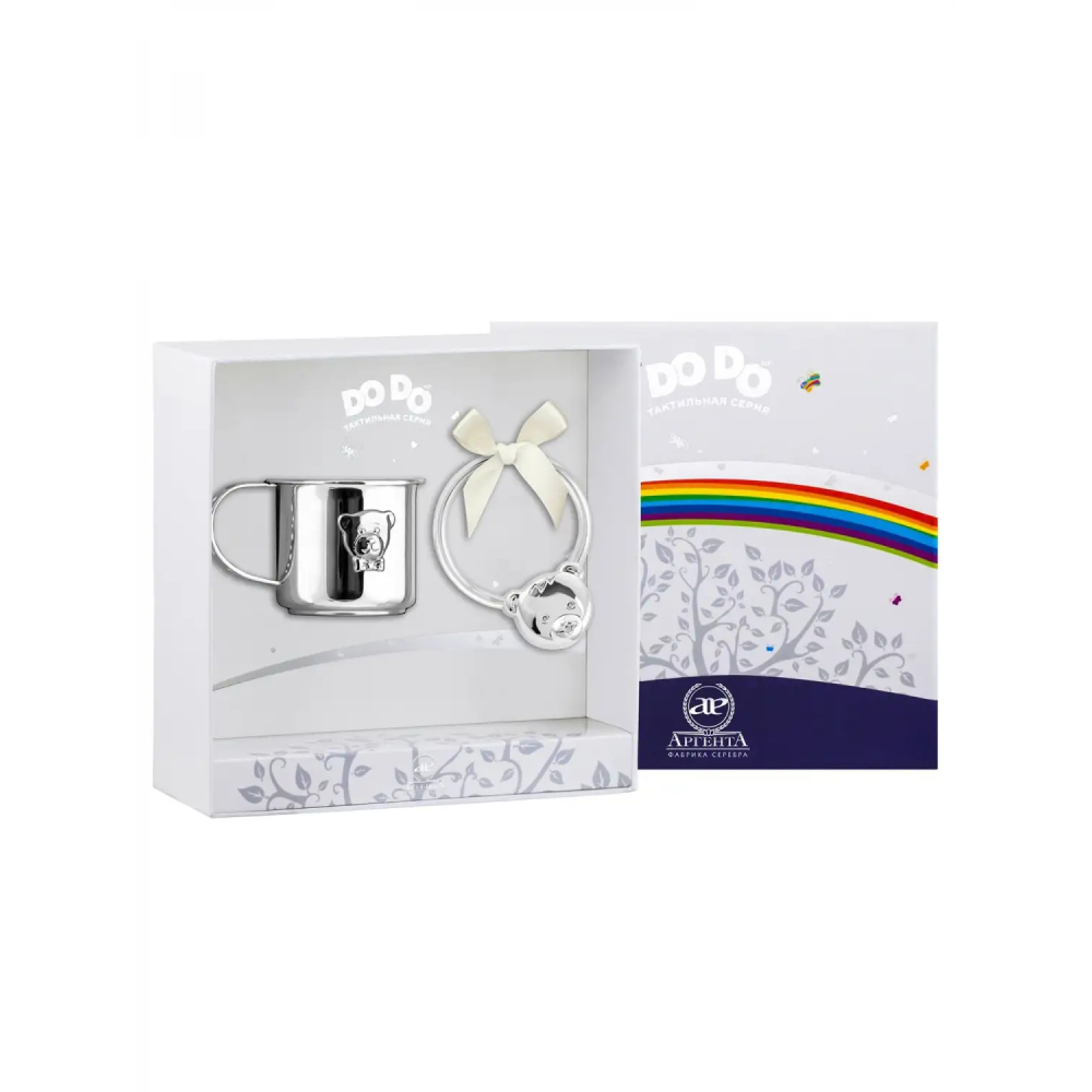 Набор детский DODO Мишка-Малыш: погремушка и кружка с позолотой и с эмалью из серебра 925 пробы