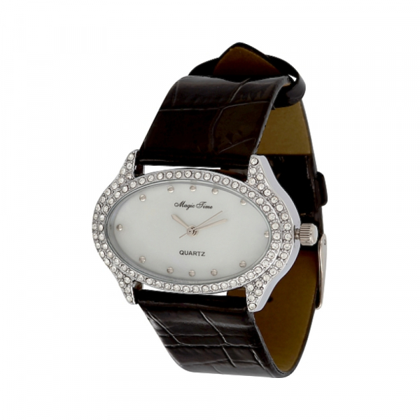 Часы кварцевые Magic Time с фианитами и перламутром на черном ремешке № 100691