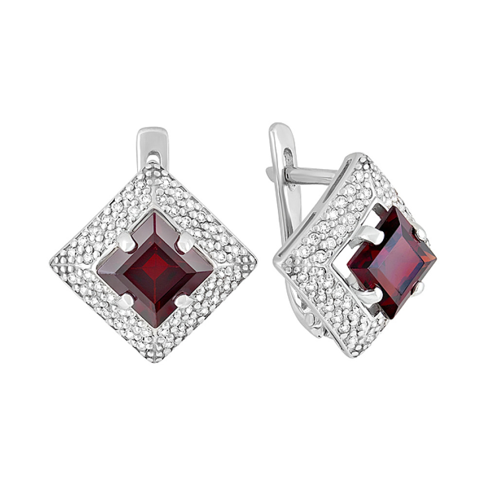 Серебряные серьги с гранатом и фианитом № 123197