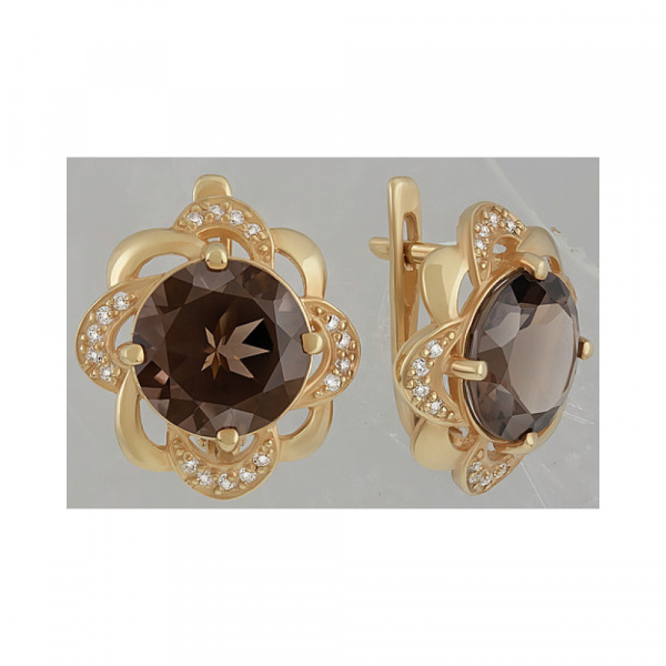 Серебряные серьги с раухтопазом, фианитом и золотым покрытием № 132631