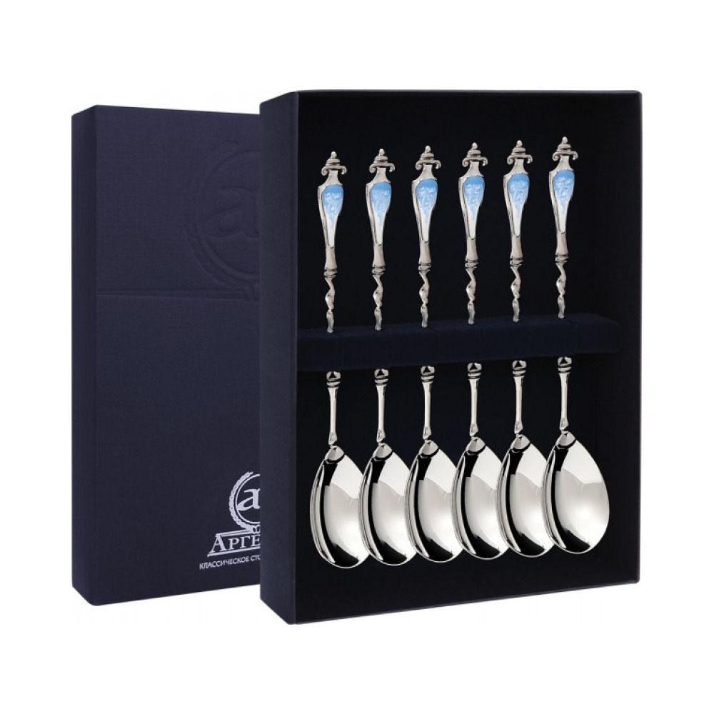 Набор 6 серебряных чайных ложек  Витая  с эмалью