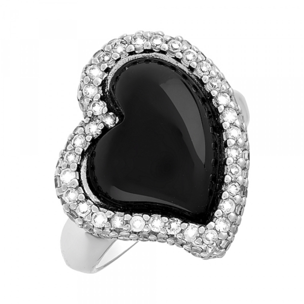 Серебряное кольцо с чёрным агатом и фианитом № 64998