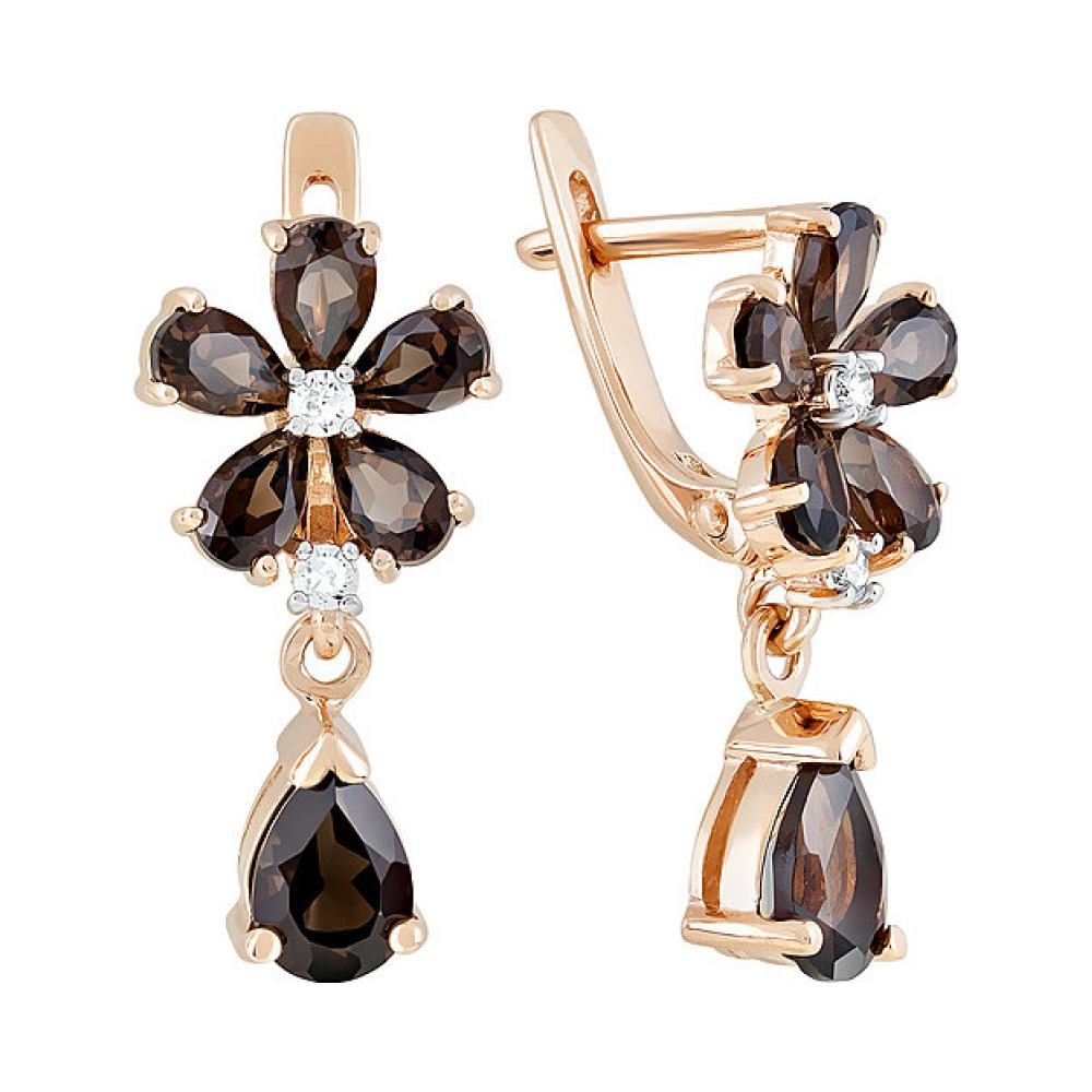 Золотые серьги с раухтопазом и фианитом № 120826