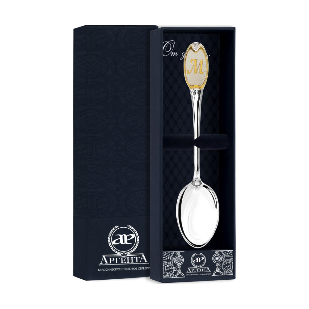 Ложка чайная с логотипом М с позолотой из серебра 925 пробы