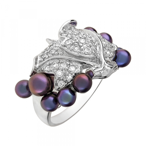 Серебряное кольцо с имитац. жемчуга и фианитом № 75141