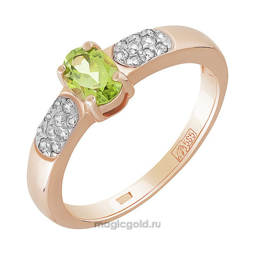 Золотое кольцо с хризолитом и фианитом № 158825