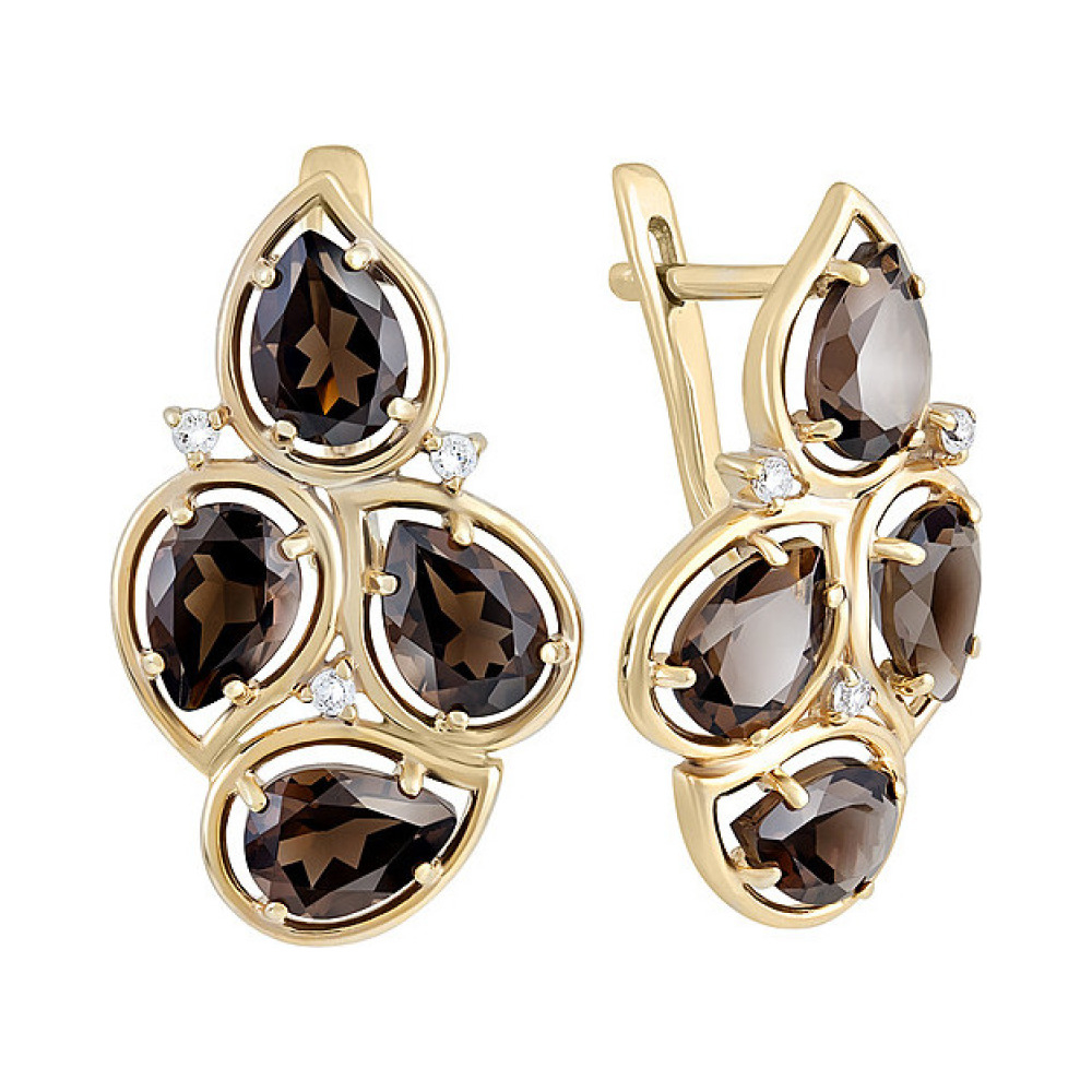 Серебряные серьги с раухтопазом, фианитом и золотым покрытием № 132639