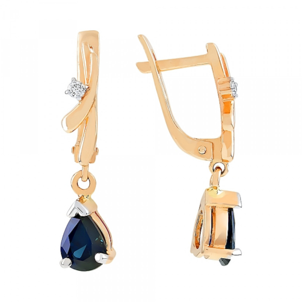 Золотые серьги с бриллиантом и сапфиром № 83313