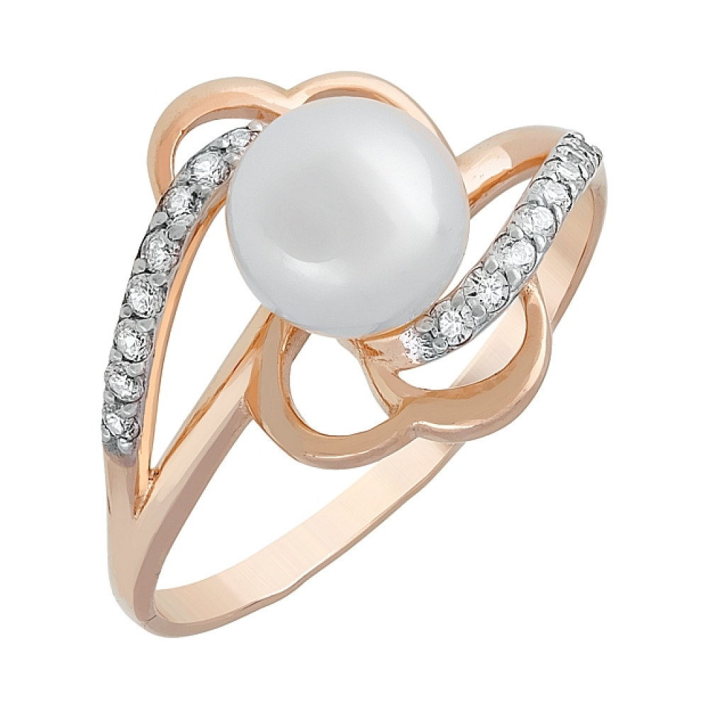Золотое кольцо с жемчугом и фианитом № 115214