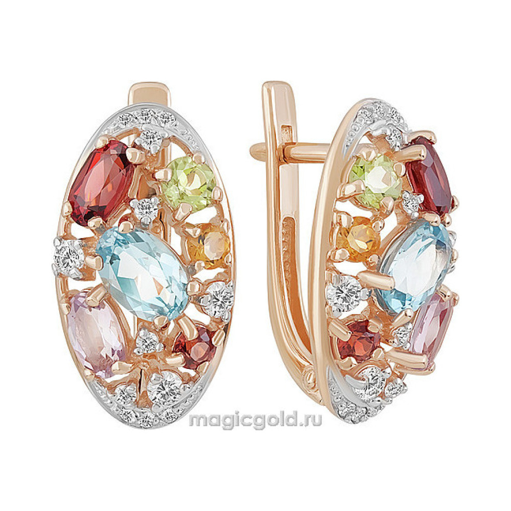 Золотые серьги с полудрагоценными вставками и фианитом № 141828