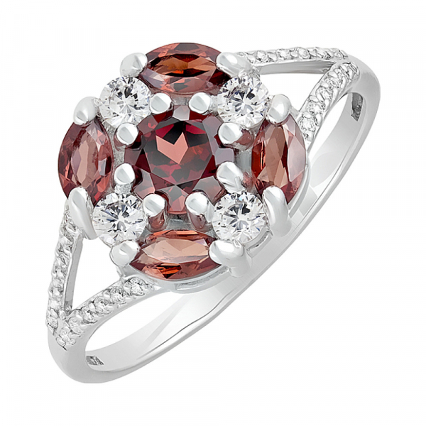 Серебряное кольцо с гранатом и фианитом № 123301