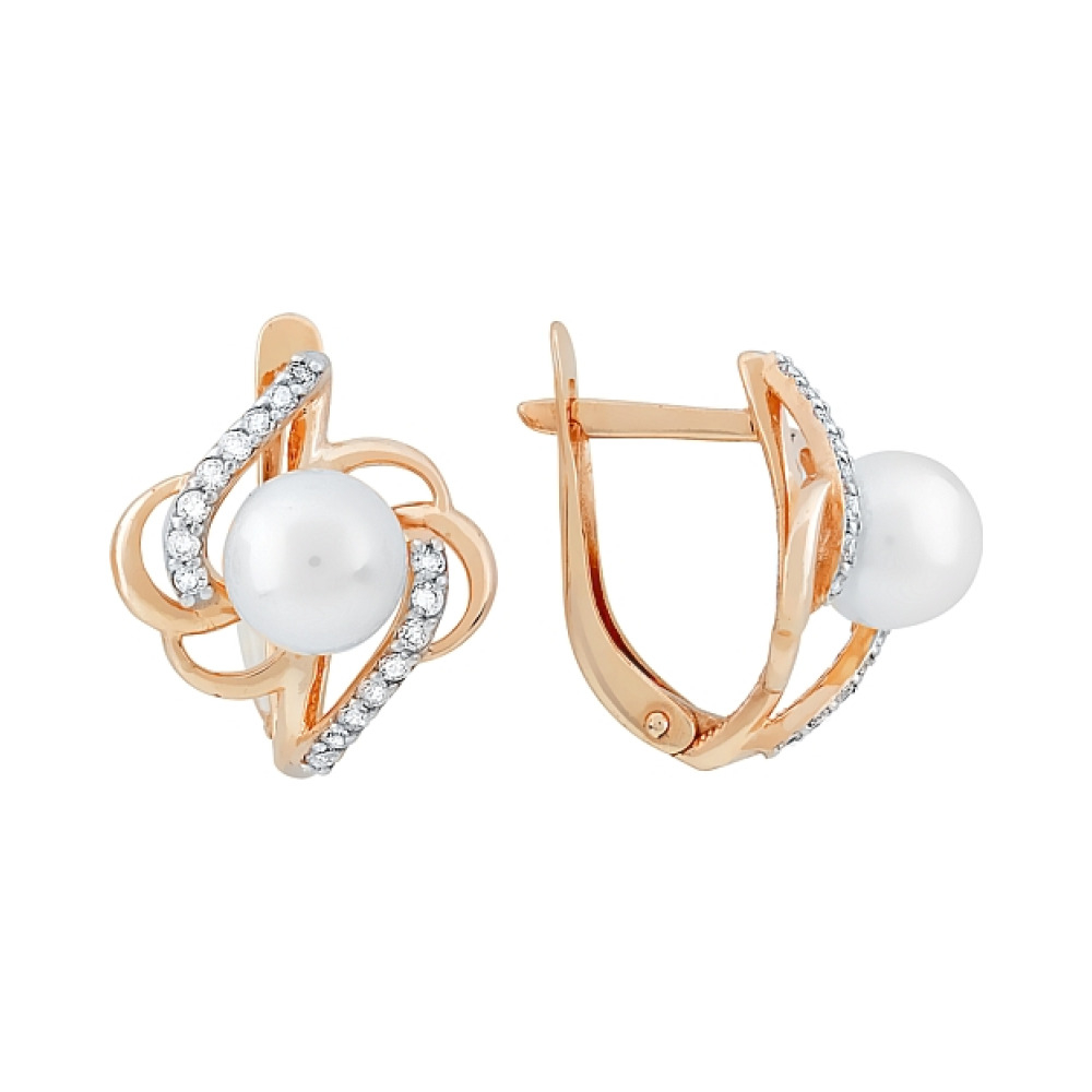 Золотые серьги с жемчугом и фианитом № 115213