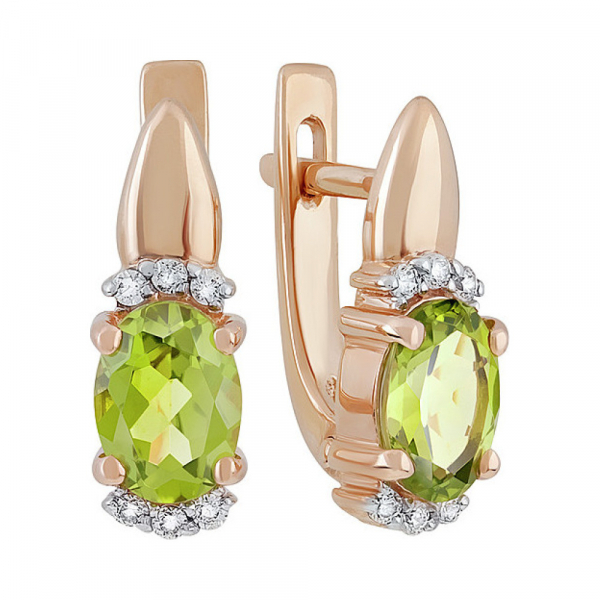 Золотые серьги с хризолитом и фианитом № 137876