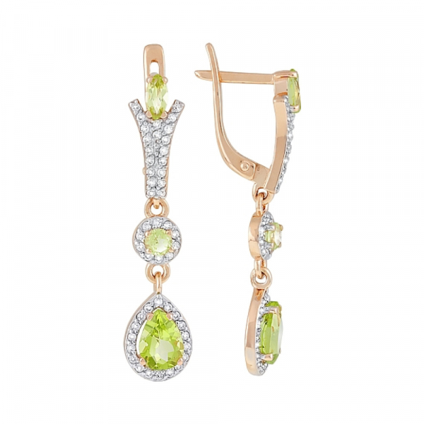 Золотые серьги с хризолитом и фианитом № 119274