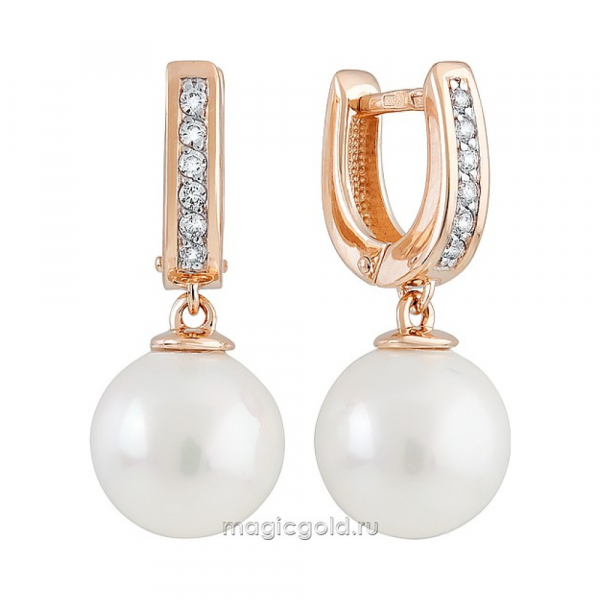 Золотые серьги с перламутровым жемчугом и фианитом № 166792