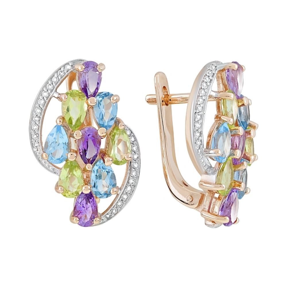 Золотые серьги с полудрагоценными  вставками и фианитом № 120454