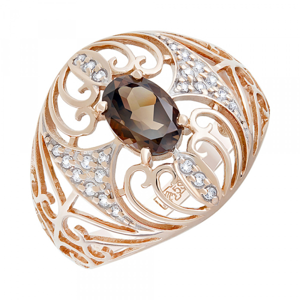 Золотое кольцо с раухтопазом и фианитом № 126380