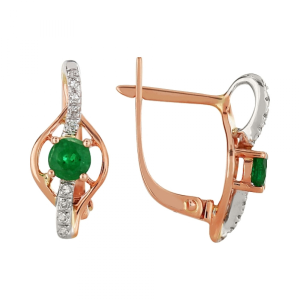 Золотые серьги с бриллиантом и изумрудом № 99095