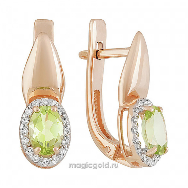 Золотые серьги с хризолитом и фианитом № 142200