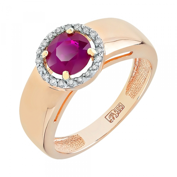 Золотое кольцо с бриллиантом и рубином № 112250