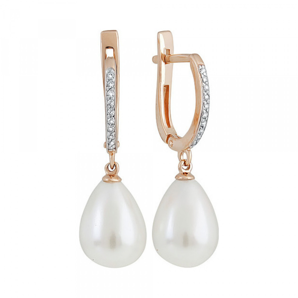 Золотые серьги с перламутровым жемчугом и фианитом № 136869