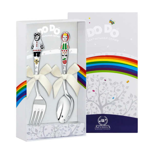 Набор детский DODO Маша и Миша: вилка и ложка с позолотой и с эмалью из серебра 925 пробы